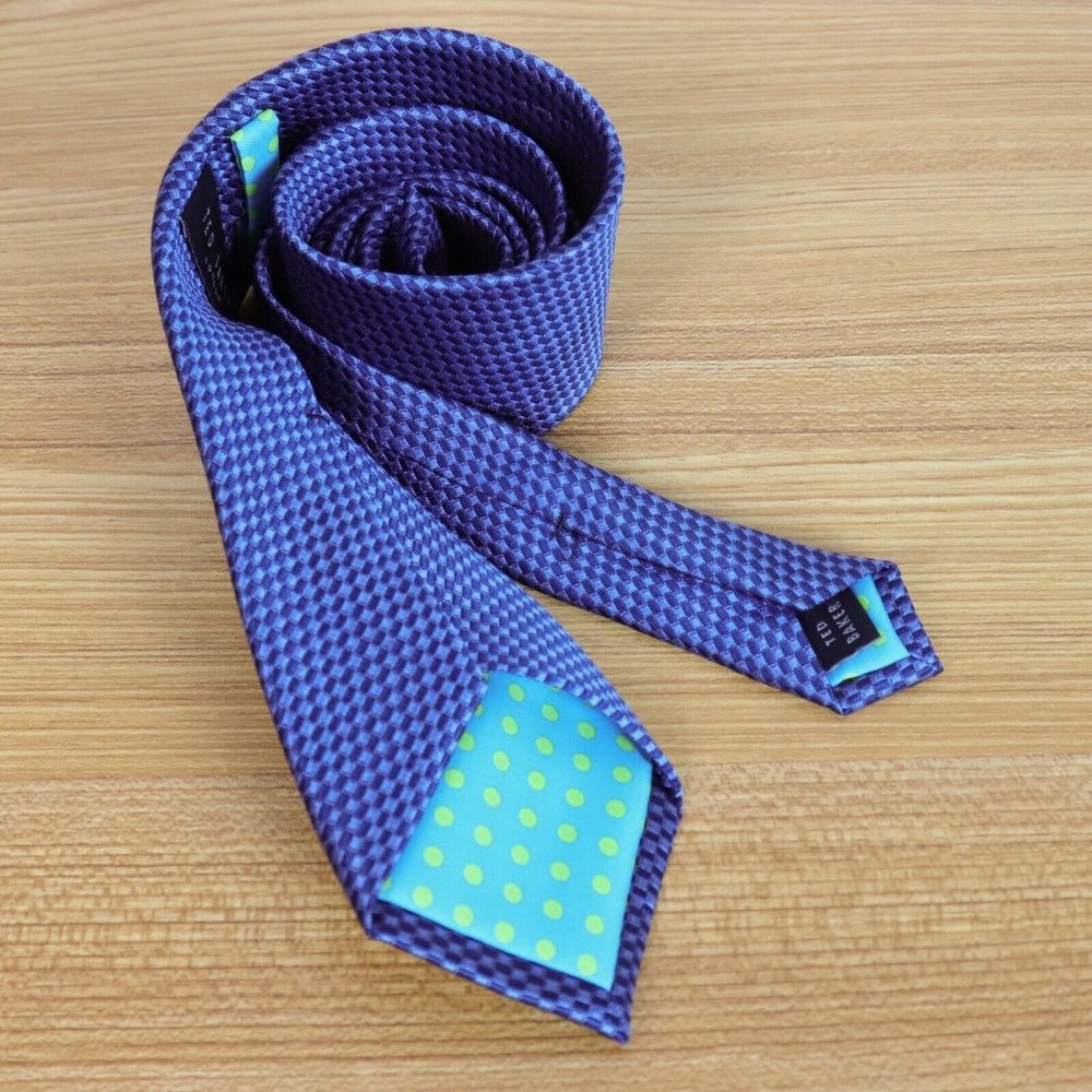 Ted Baker Blue Tie 100% Silk Classic Geometric Pattern with Polka Dot Accents